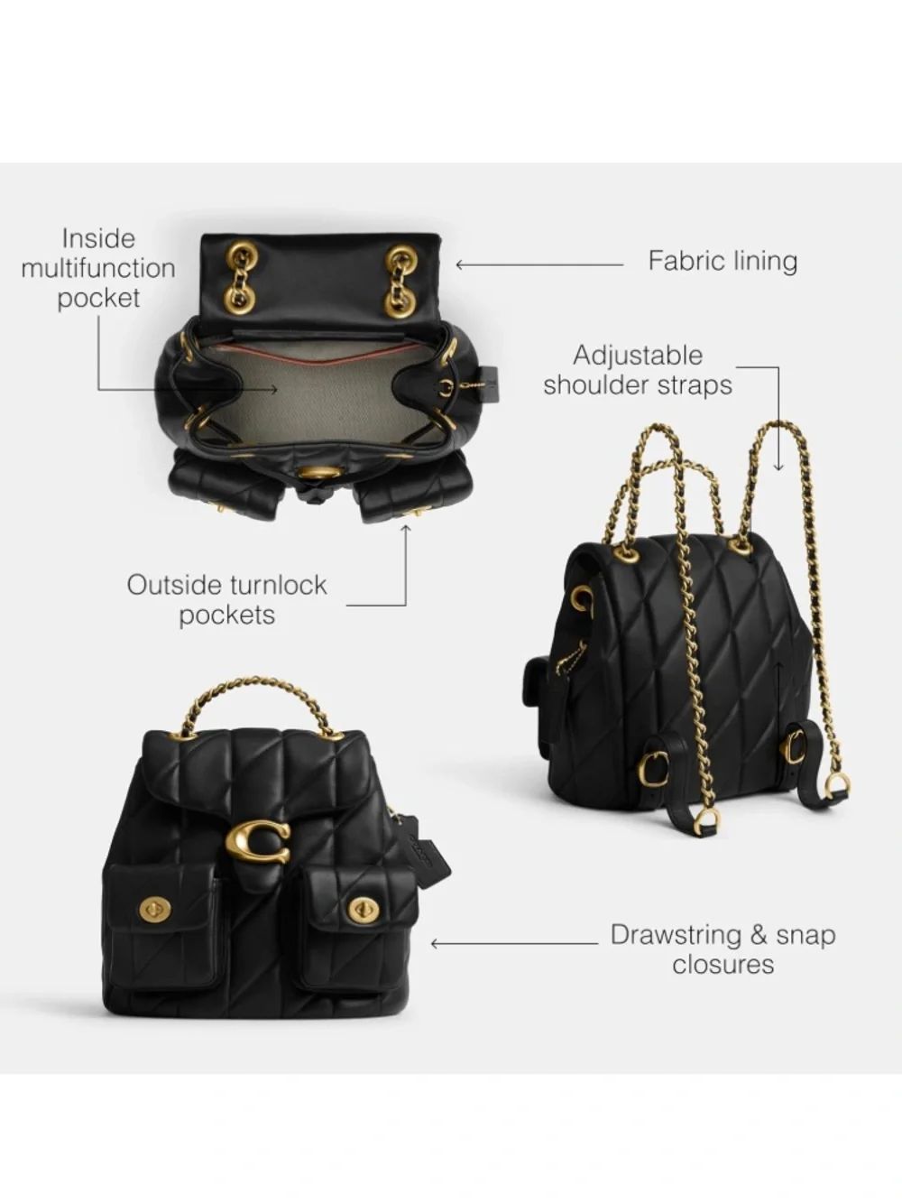 Coach Tabby Black Quilted Leather Backpack with Gold Hardware